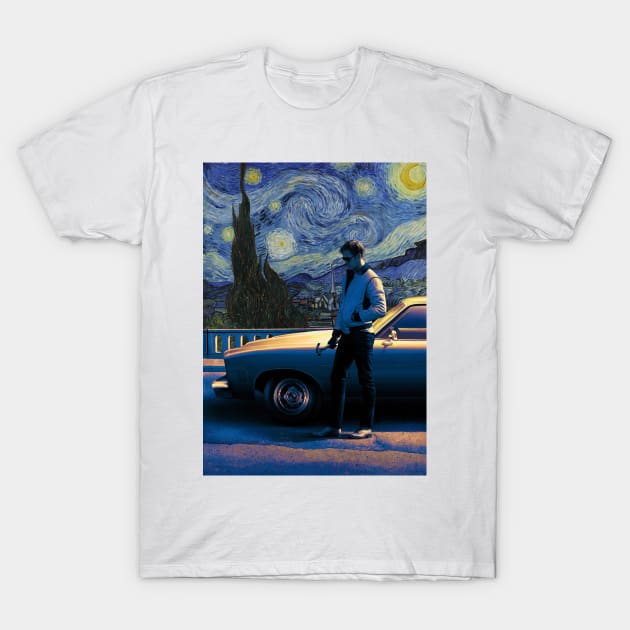 Vincent Van Gogh's Starry Night and Ryan Gosling in Drive T-Shirt by luigi-tarini